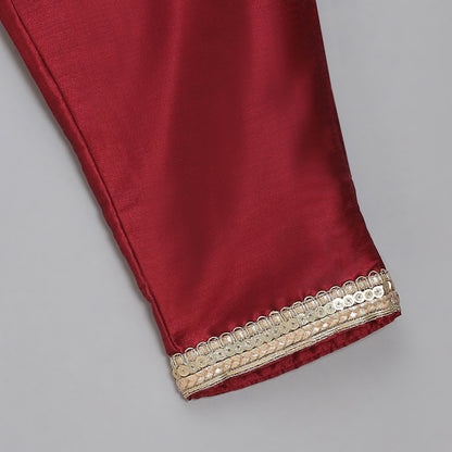 Maroon Velvet Embroidered Anarkali Pants with Net Dupatta