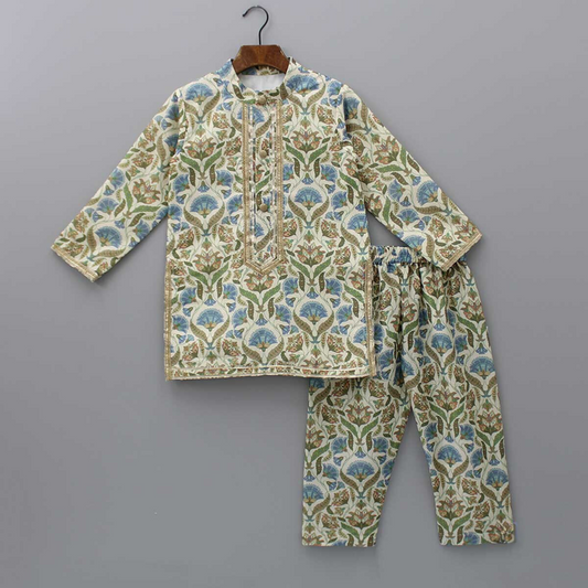 Floral Embroidered Multicolour Kurta With Matching Pyjama