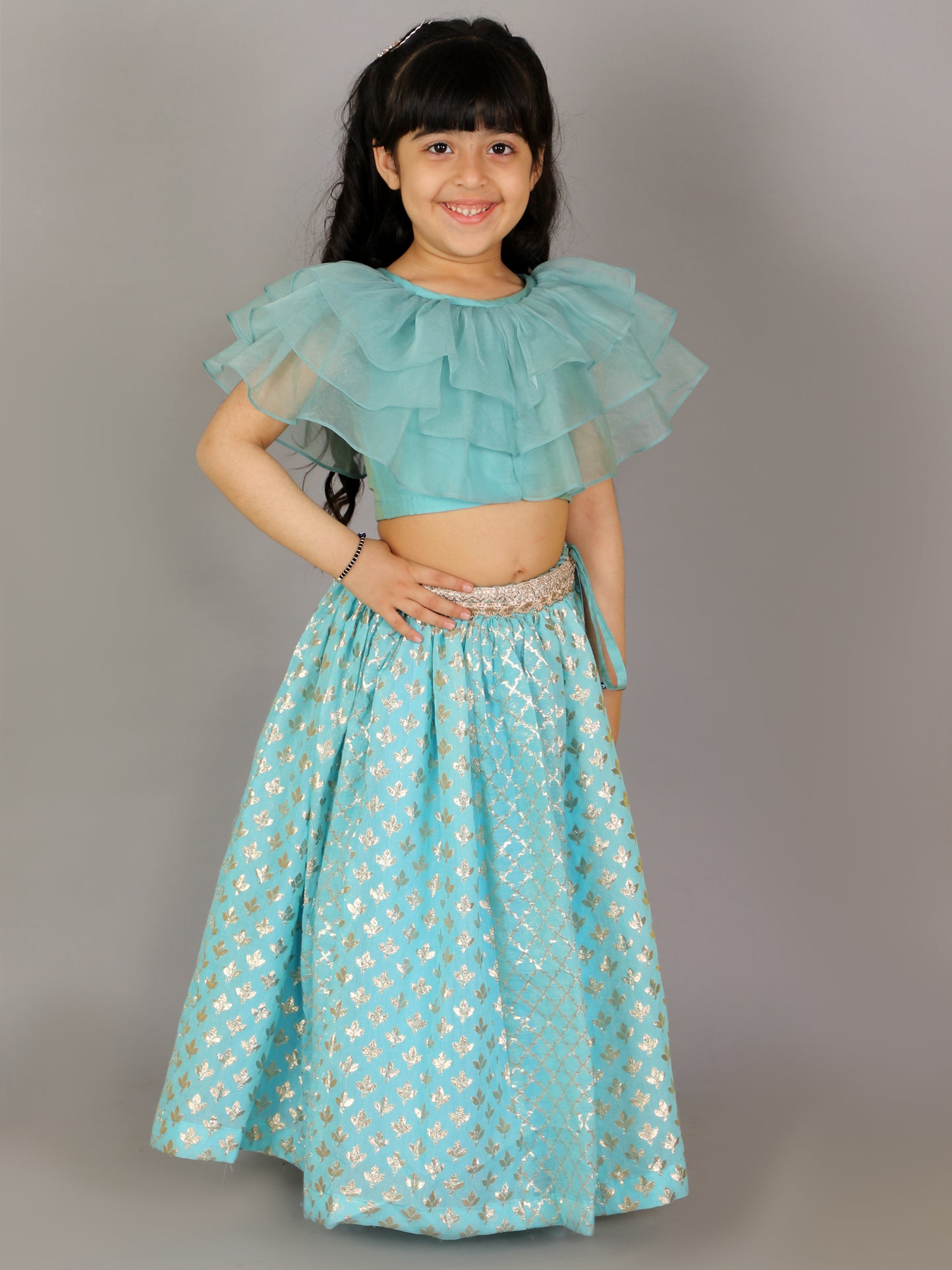 Blue Organza Ruffled blouse with Cotton Zari Lehnga