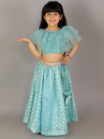 Blue Organza Ruffled blouse with Cotton Zari Lehnga