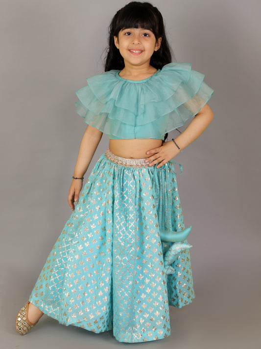 Blue Organza Ruffled blouse with Cotton Zari Lehnga