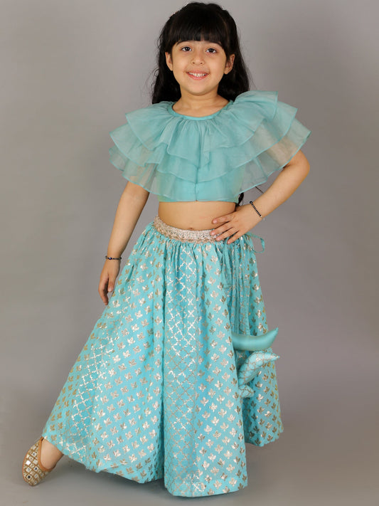 Blue Organza Ruffled blouse with Cotton Zari Lehnga (Sale)