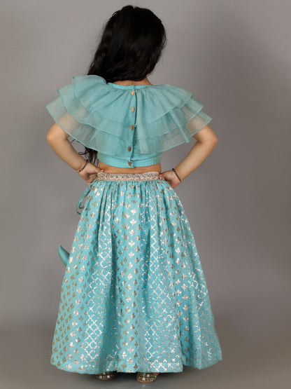 Blue Organza Ruffled blouse with Cotton Zari Lehnga