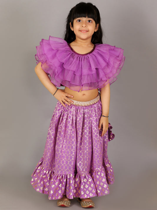 Purple organza frilled blouse with cotton zari lehnga