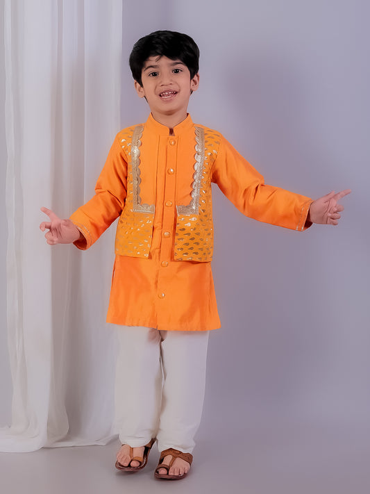 Orange   kurta with zari attached Jacket and Pyjama