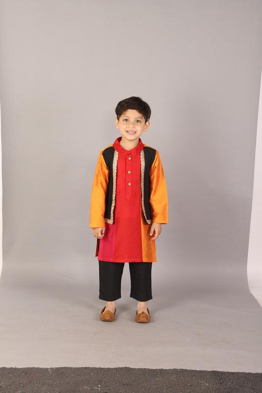 Multi colored kurta with attached black jacket