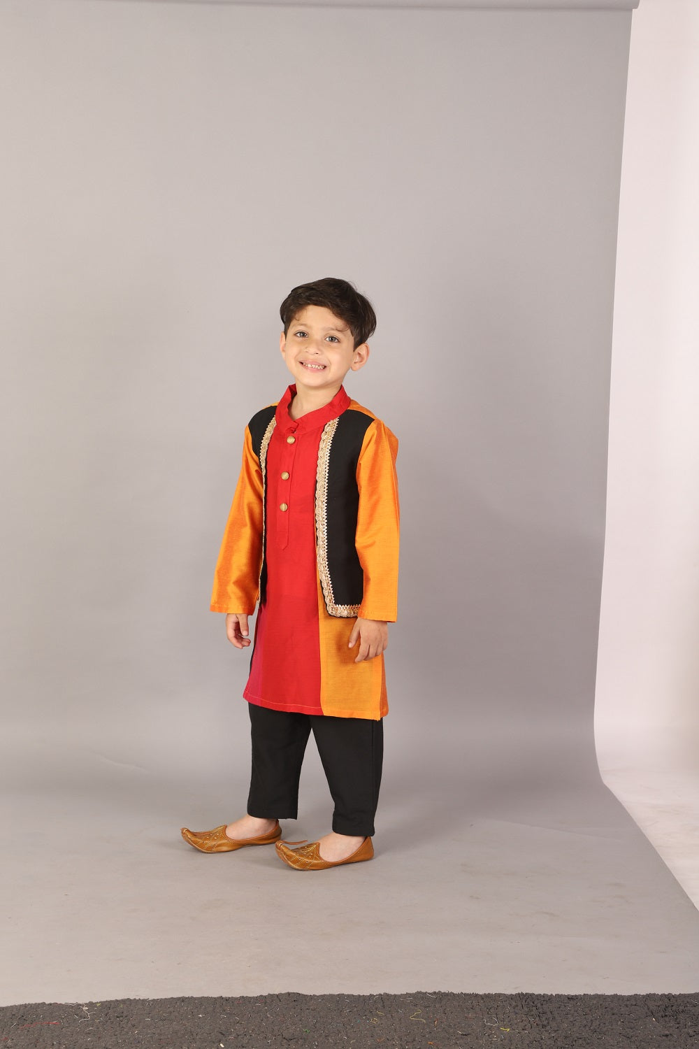 Multi colored kurta with attached black jacket