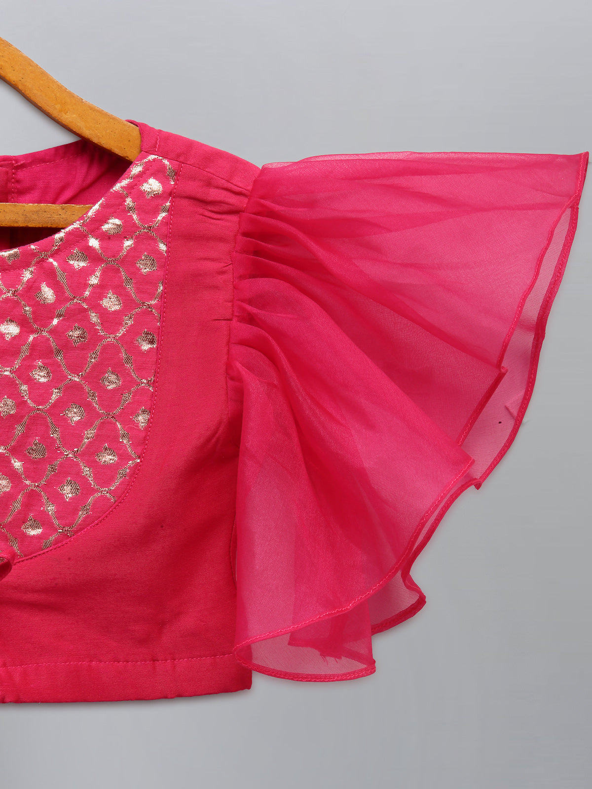 Fuschia Pink ruffled Blouse with Cotton Zari Lehnga (Sale)