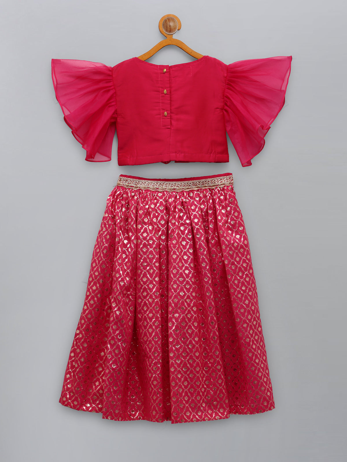 Fuschia Pink ruffled Blouse with Cotton Zari Lehnga (Sale)