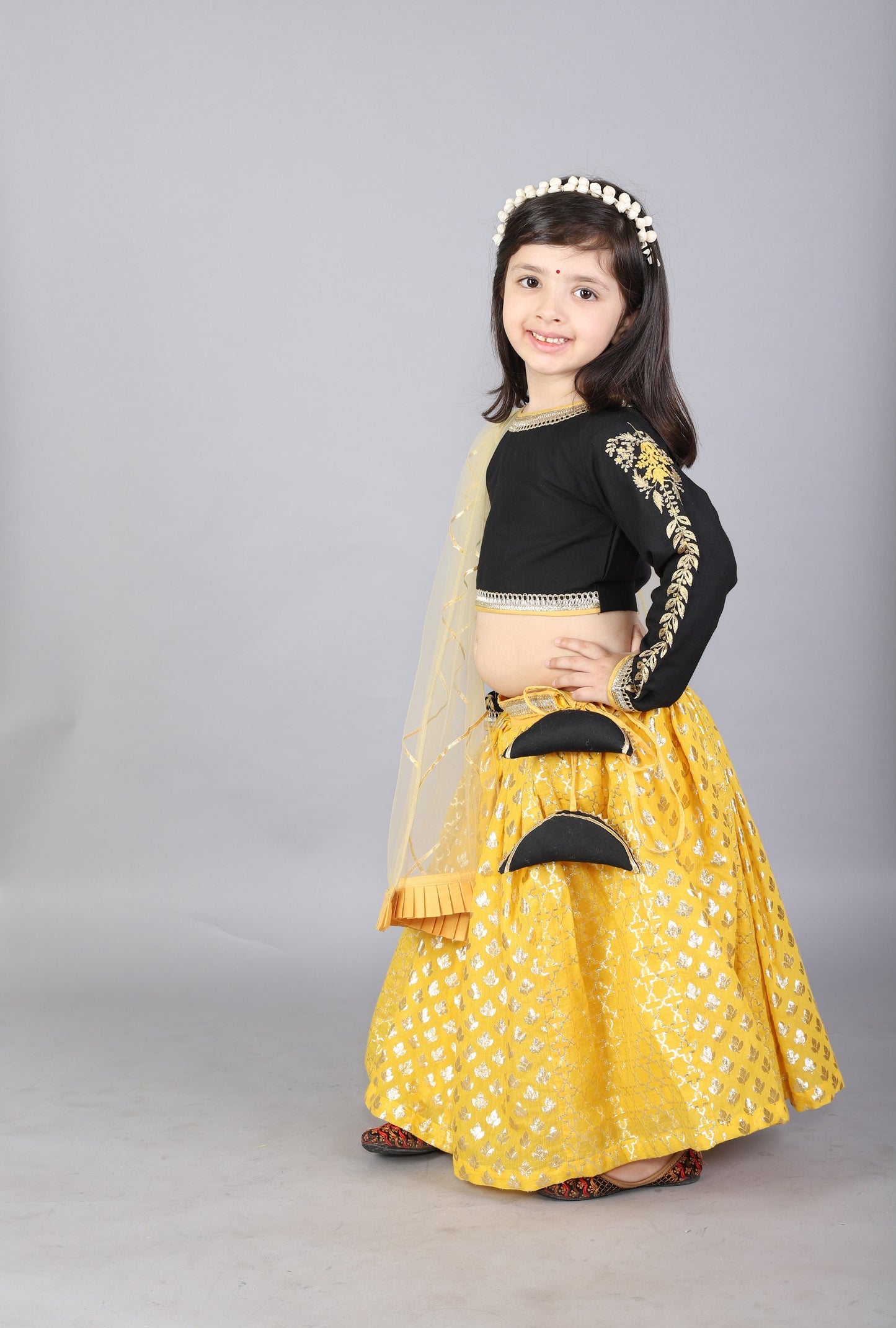 Black emb Blouse with Cotton Zari Lehnga