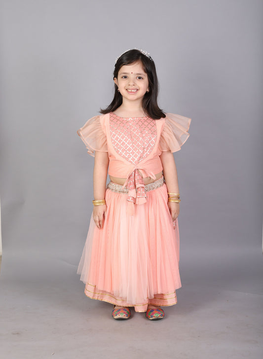 Peach frilly top with Double layered net Lehnga