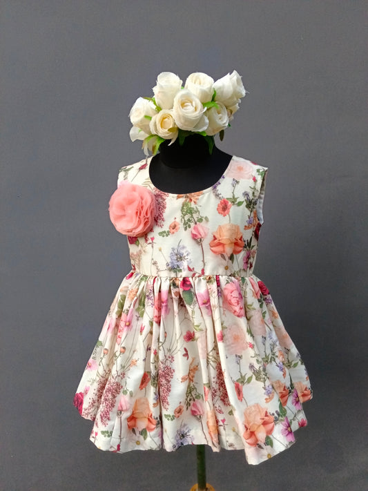 MULTICOLOR PRINTED OFF WHITE FLORAL DRESS