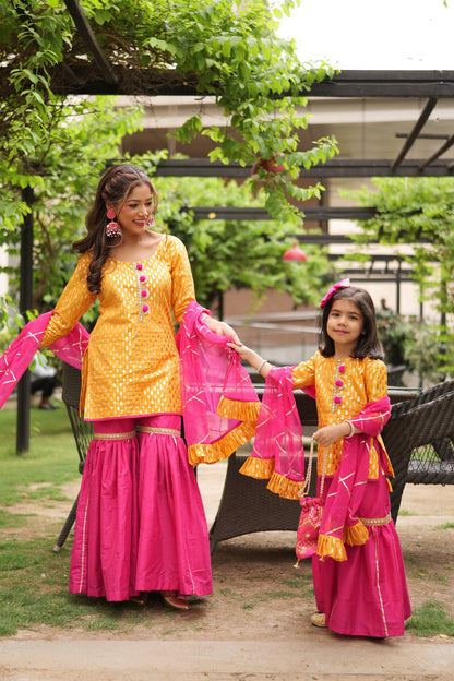 Yellow and Pink Festive Kurta Sharara set