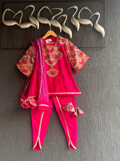 Embroidered pink Kurti And Tulip Dhoti With Net Dupatta