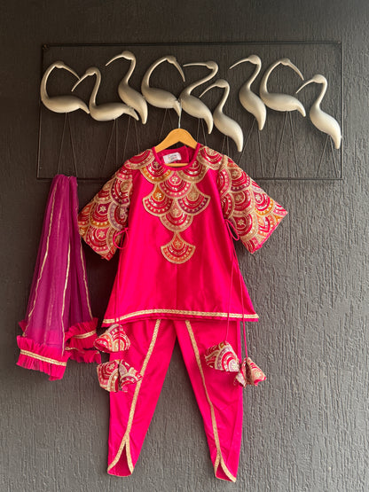 Embroidered pink Kurti And Tulip Dhoti With Net Dupatta