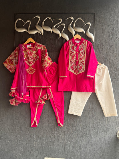 Embroidered pink Kurti And Tulip Dhoti With Net Dupatta