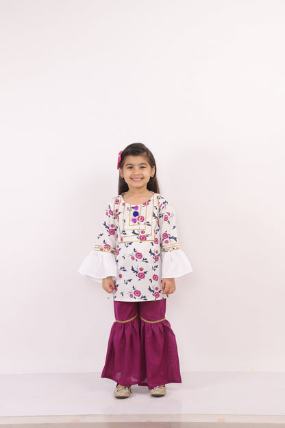 White Printed Kurta with Sharara