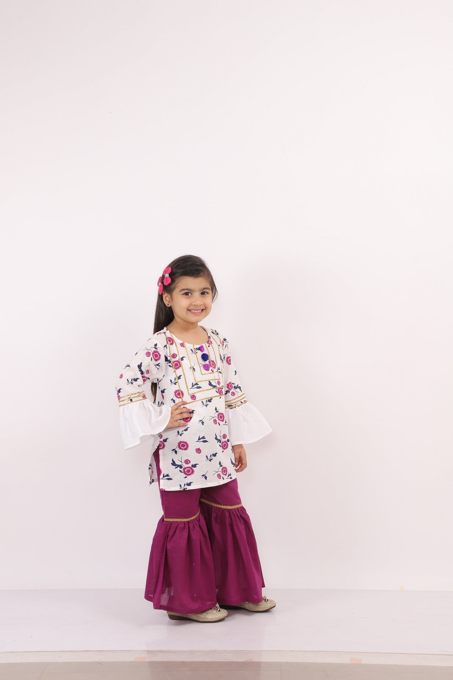 White Printed Kurta with Sharara