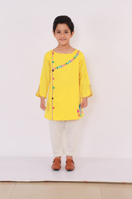 Colorful Yellow Holi Bucket Embroidered  Kurta Pyjama set