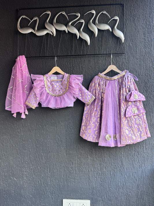 Lavendar  organza frilly  chanderi lehnga set and duppata