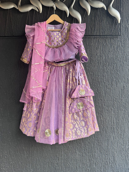 Lavendar  organza frilly  chanderi lehnga set and duppata