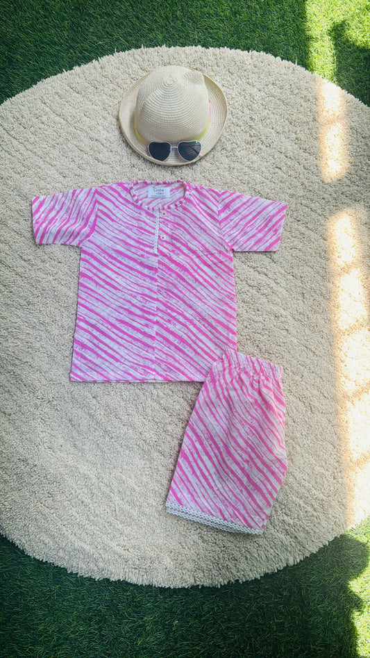 Pink stripe print unisex top with shorts