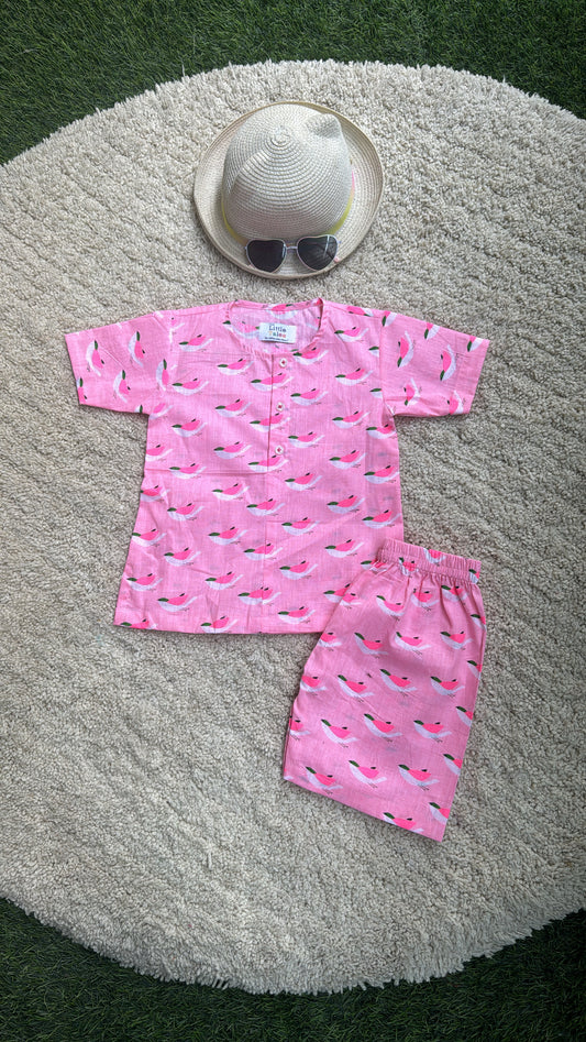 Pink bird print unisex top with Shorts