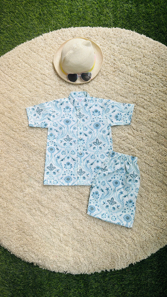 Blue white print unisex summer shirt short