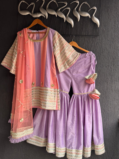 Peach and purple embroidery   sharara set