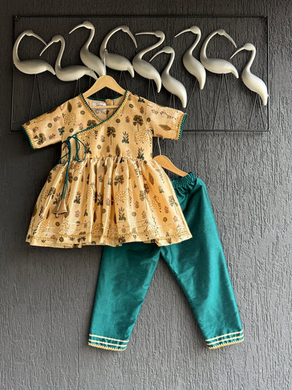 Golden dark green cow  print Angrakha dhoti set