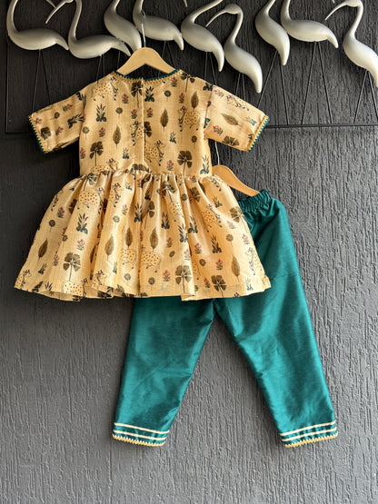 Golden dark green cow  print Angrakha dhoti set