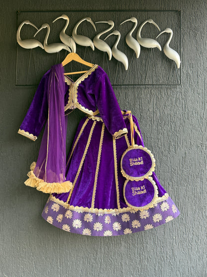 Purple velvet lotus print lehenga set