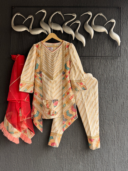 Off White assymetric Embroidery kurta set