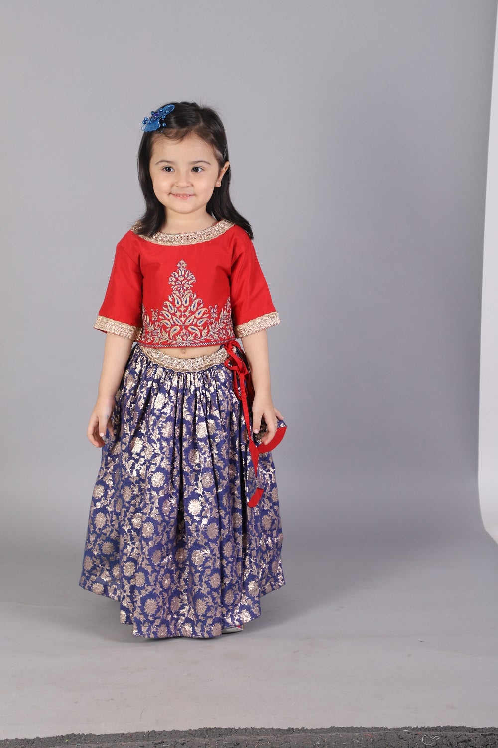 Red and blue zari embroidery Lehnga set