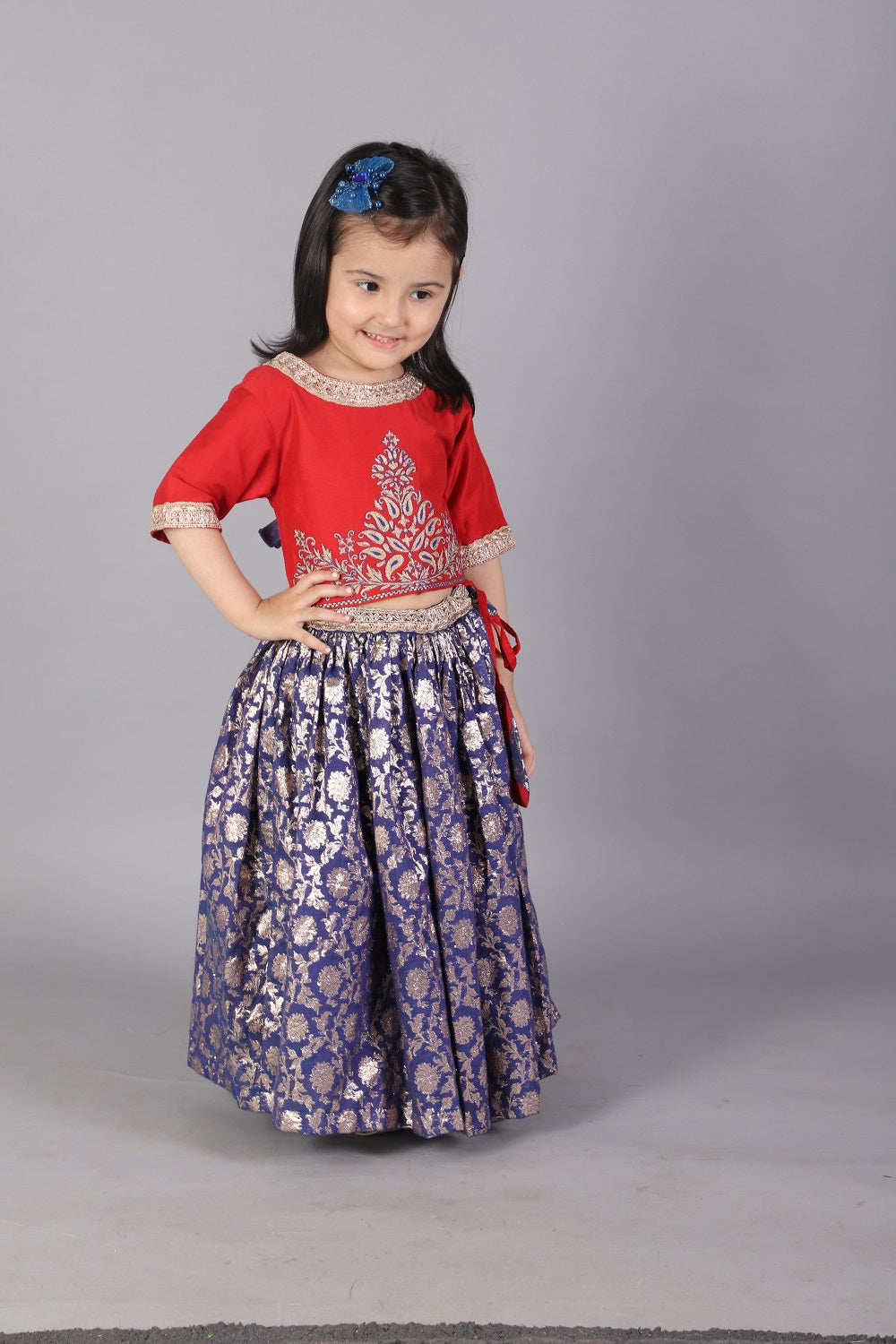 Red and blue zari embroidery Lehnga set