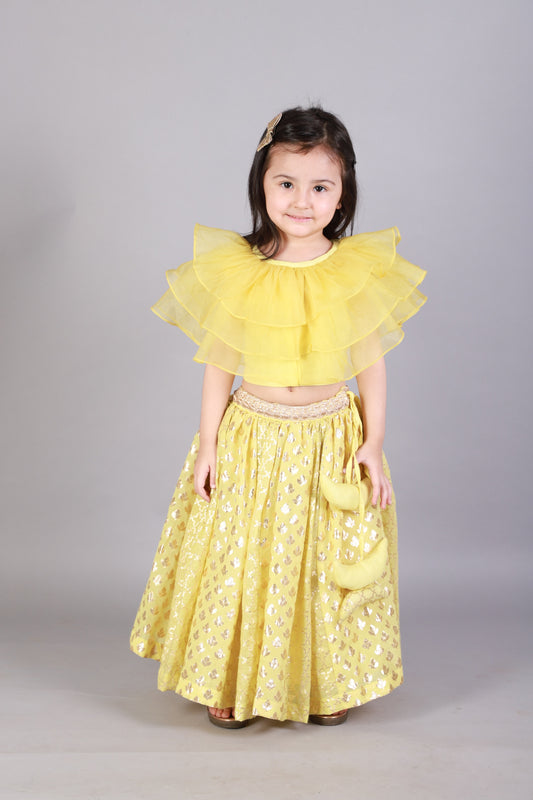 Lime Yellow Organza Ruffled blouse with Cotton Zari Lehnga