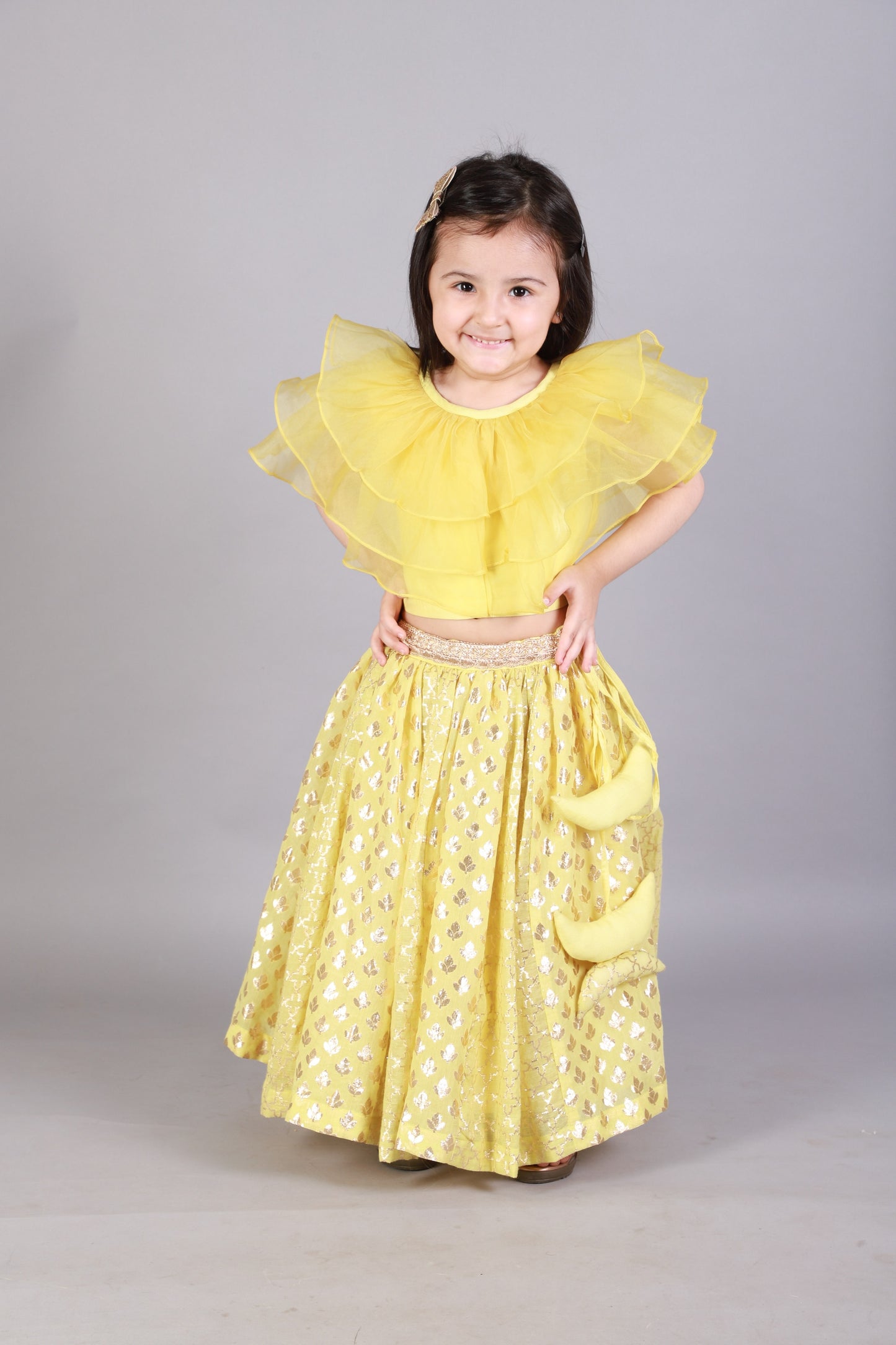 Lime Yellow Organza Ruffled blouse with Cotton Zari Lehnga