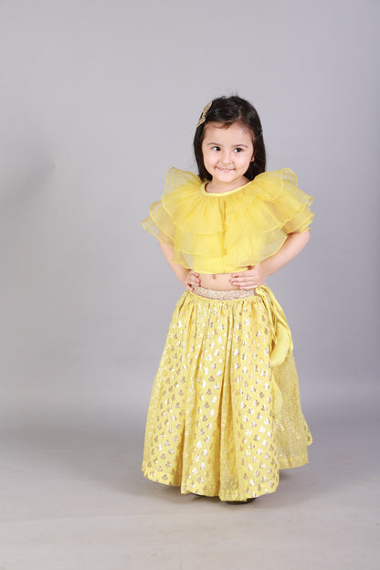 Lime Yellow Organza Ruffled blouse with Cotton Zari Lehnga