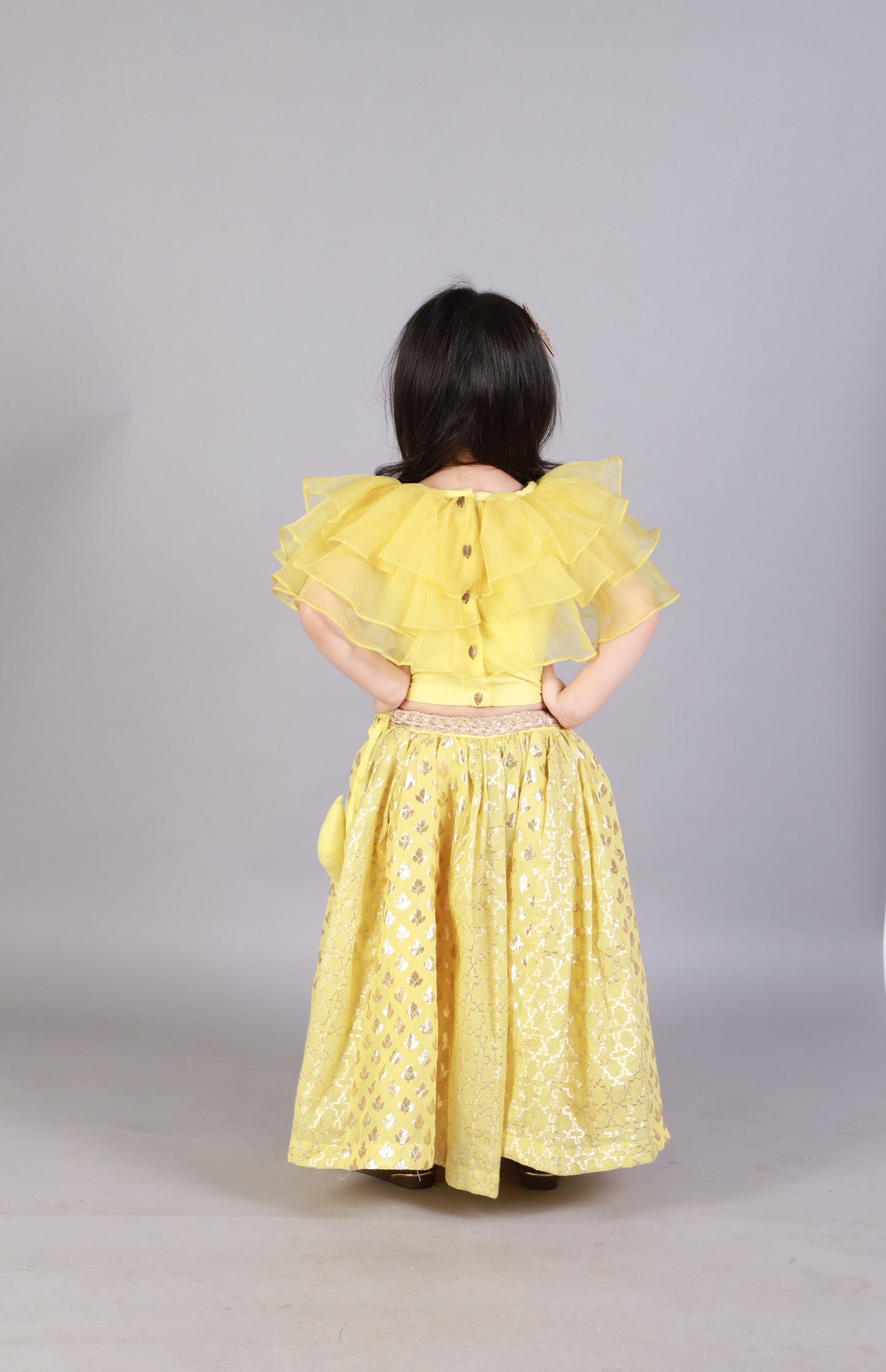 Lime Yellow Organza Ruffled blouse with Cotton Zari Lehnga