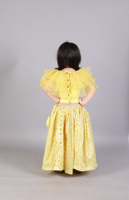 Lime Yellow Organza Ruffled blouse with Cotton Zari Lehnga