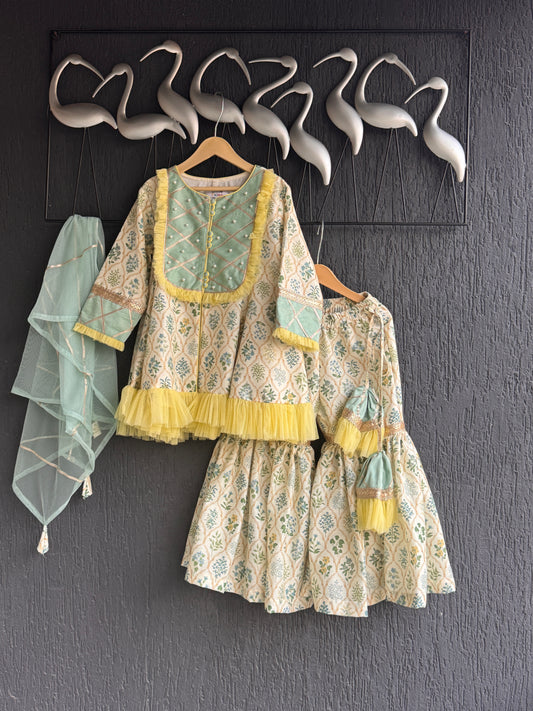 Pastel green mughal leaf print sharara set