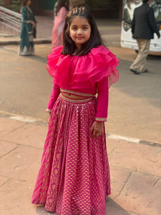 Fuschia pink  organza frill chanderi lehnga set