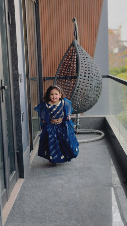 Blue Chanderi frill blouse lehnga set.