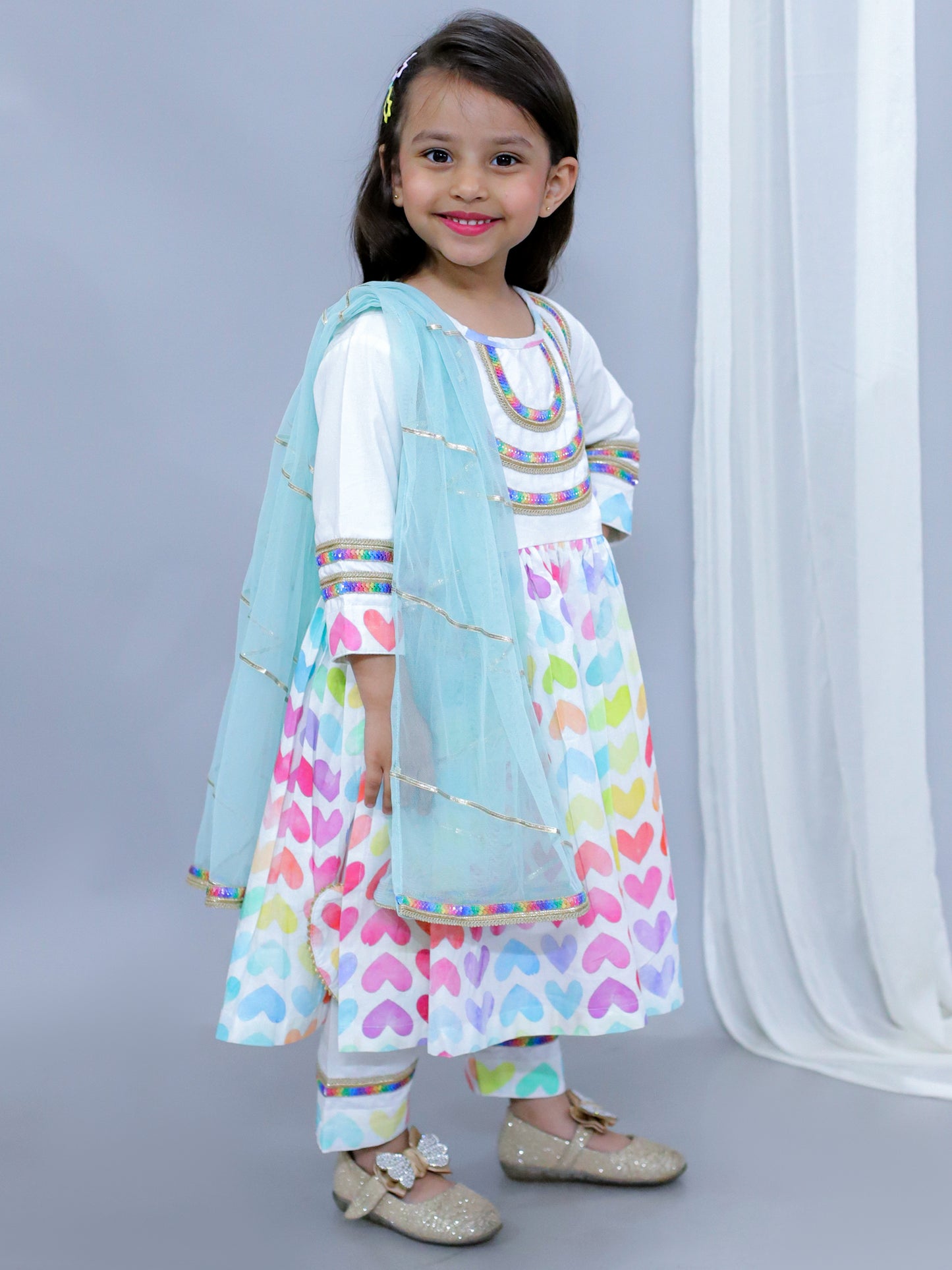 White Multicolor Heart Prints Kurta set