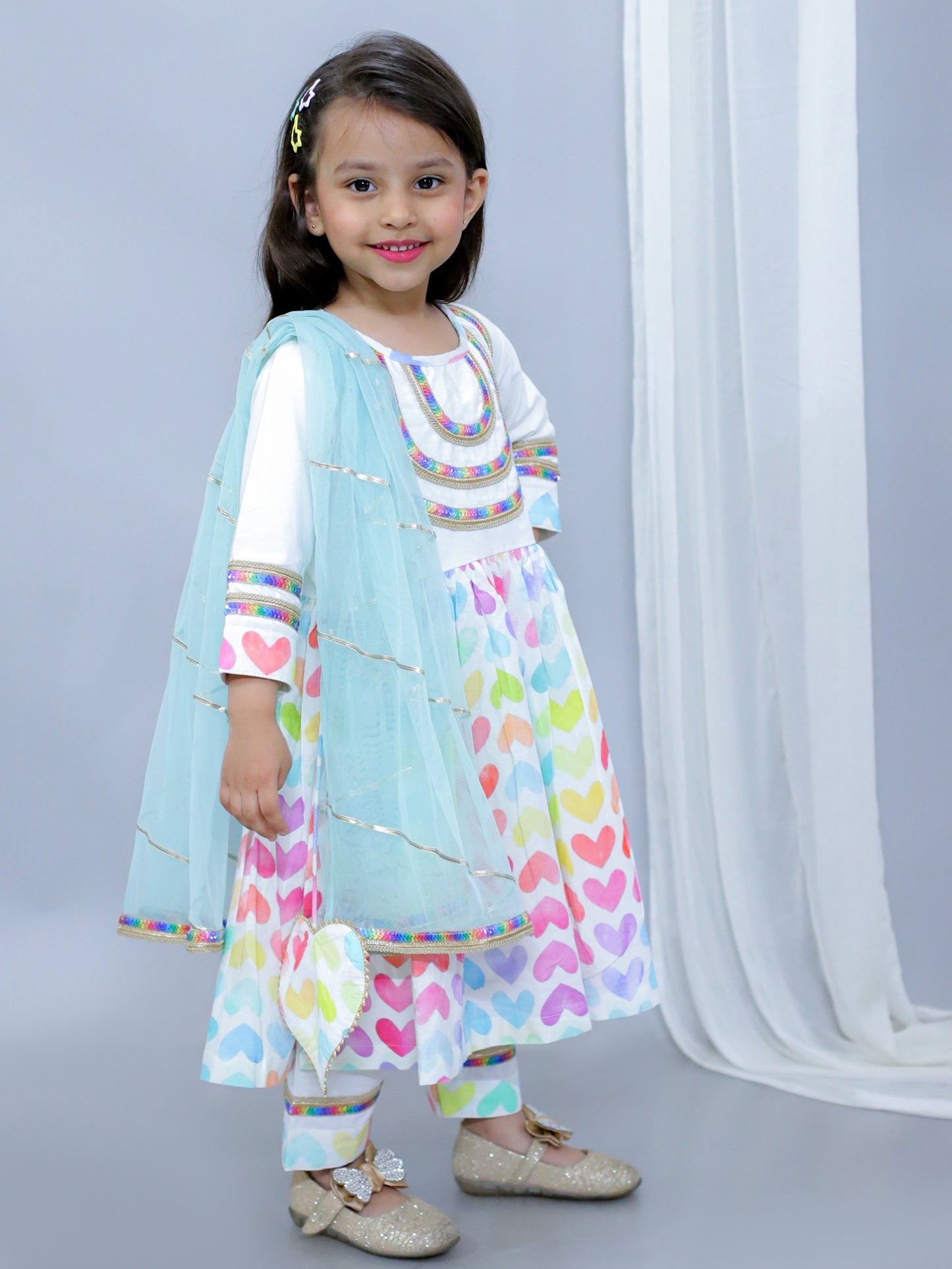 White Multicolor Heart Prints Kurta set