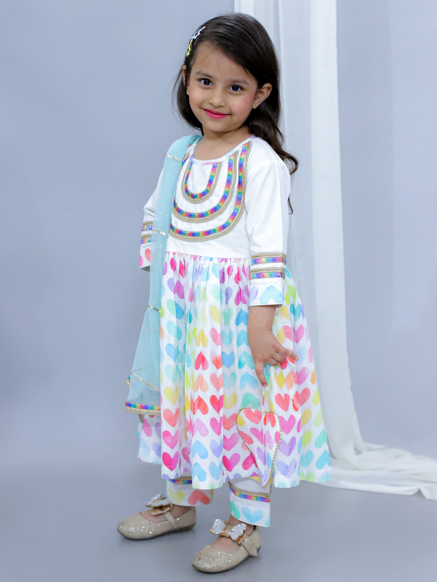 White Multicolor Heart Prints Kurta set