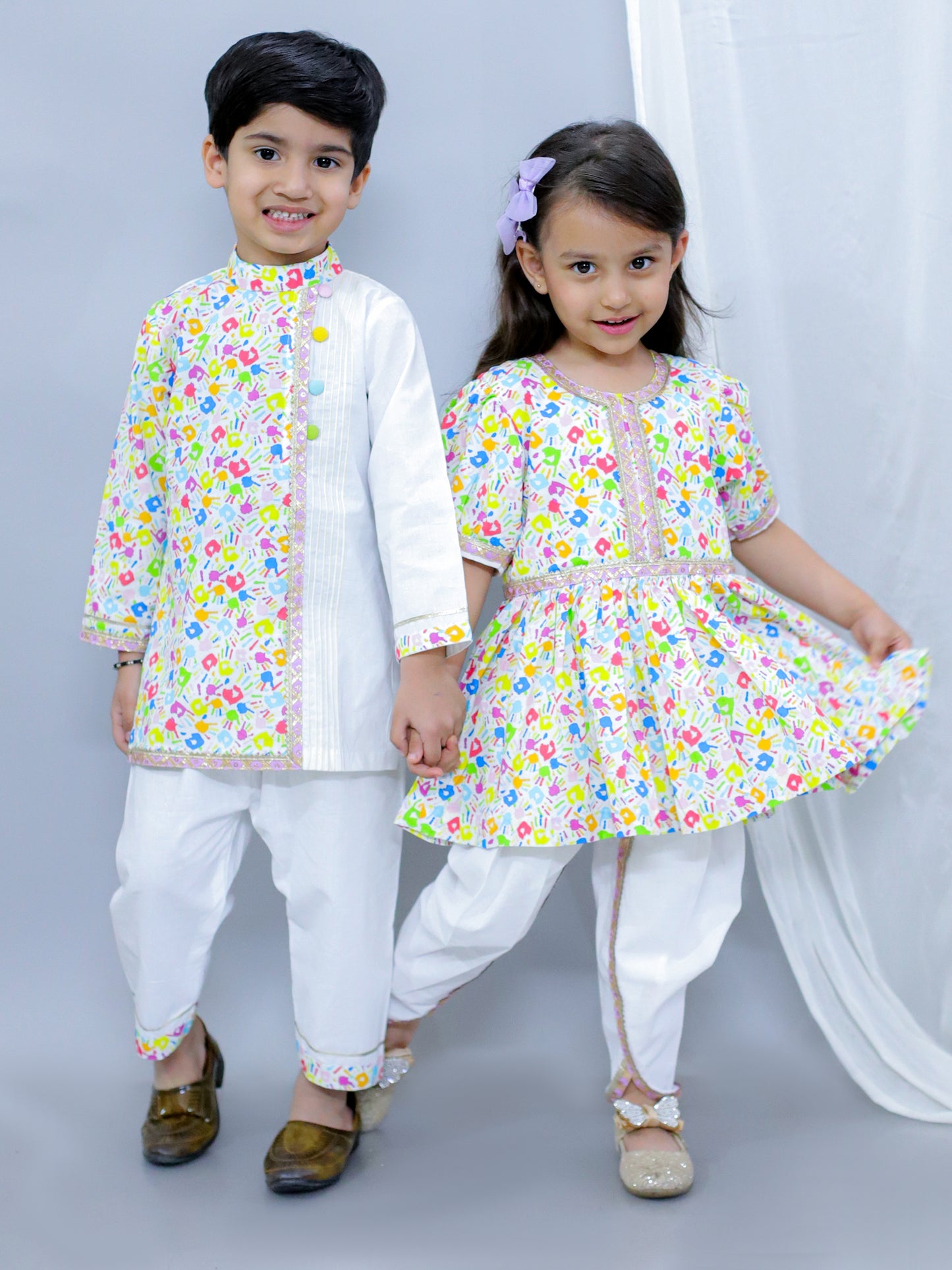 Multicolor Hands Holi Kurta Pyjama set