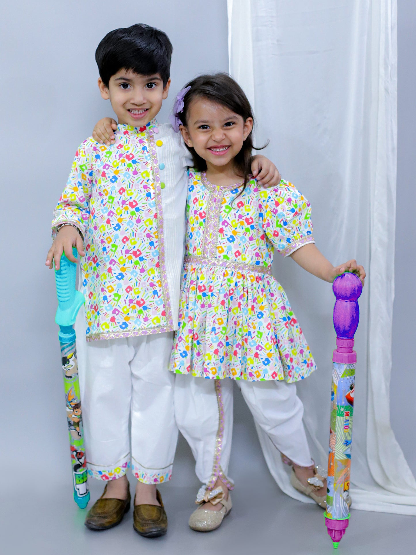 Multicolor Hands Holi Kurta Pyjama set