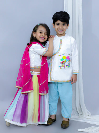 Kids Playing holi print White Holi Lehnga set