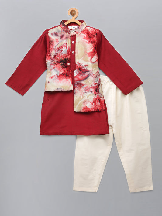 Deep Red Kurta with Printed jacket attached Kurta Pyjama